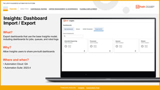 42
ANALYTICS CONTINUOUS TESTING UNIFIED MANAGEMENT & GOVERNANCE FLEXIBLE DEPLOYMENT
Operate
Featured products: Insights Automation Hub
THE UIPATH BUSINESS AUTOMATION PLATFORM
Insights: Dashboard
Import / Export
Where and when?
• Automation Cloud: GA
• Automation Suite: 2023.4
What?
Export dashboards that use the base Insights model,
including dashboards for jobs, queues, and robot logs
Why?
Allow Insights users to share pre-built dashboards
 