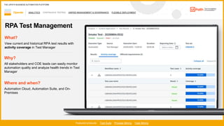 46
ANALYTICS CONTINUOUS TESTING UNIFIED MANAGEMENT & GOVERNANCE FLEXIBLE DEPLOYMENT
1 / 2
Operate
Featured products: Test Suite Process Mining Task Mining
THE UIPATH BUSINESS AUTOMATION PLATFORM
RPA Test Management
Where and when?
Automation Cloud, Automation Suite, and On-
Premises
What?
View current and historical RPA test results with
activity coverage in Test Manager
Why?
All stakeholders and COE leads can easily monitor
automation quality and analyze health trends in Test
Manager
 
