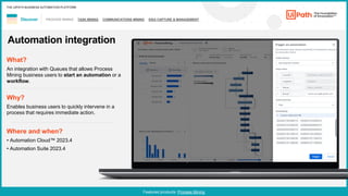 7
PROCESS MINING TASK MINING COMMUNICATIONS MINING IDEA CAPTURE & MANAGEMENT
Discover
Featured products: Process Mining
THE UIPATH BUSINESS AUTOMATION PLATFORM
Automation integration
Where and when?
• Automation Cloud™ 2023.4
• Automation Suite 2023.4
What?
An integration with Queues that allows Process
Mining business users to start an automation or a
workflow.
Why?
Enables business users to quickly intervene in a
process that requires immediate action.
 
