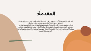 :‫المقدمة‬
‫من‬ ‫العديد‬ ‫زيارة‬ ‫خالل‬ ‫من‬ ‫الداخلية‬ ‫السياحة‬ ‫في‬ ‫السعودي‬ ‫األدب‬ ‫بتوظيف‬ ‫قمت‬ ‫لقد‬
)‫وراوية‬ ،‫بريك‬ ‫ومايند‬ ،‫وسمسم‬ ‫(شاي‬ :‫منها‬ ‫المقاهي‬
‫تزيين‬ ‫تم‬ ‫المطعم‬ ‫وكذلك‬ ‫المقاهي‬ ‫هذه‬ ‫فجميع‬ ،‫الياسمين‬ ‫بحي‬ ‫عسيب‬ ‫مطعم‬ ‫وكذلك‬
،‫معتاده‬ ‫وغير‬ ‫مختلفة‬ ‫لمسة‬ ‫األماكن‬ ‫هذه‬ ‫عىل‬ ‫أضفت‬ ،‫مميزة‬ ‫شعرية‬ ‫بأبيات‬ ‫درانها‬‫ُج‬
‫العربية‬ ‫بلغتهم‬ ‫واالعتزاز‬ ،‫الوطنية‬ ‫بهويتهم‬ ‫االفتخار‬ ‫الشعب‬ ‫أبناء‬ ‫لدى‬ ‫تعزز‬ ‫األبيات‬ ‫وهذه‬
.‫القرآن‬ ‫لغة‬ ‫هي‬ ‫التي‬
 