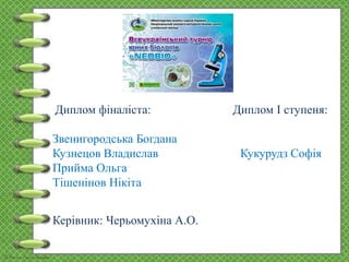 Диплом фіналіста: Диплом І ступеня:
Звенигородська Богдана
Кузнецов Владислав Кукурудз Софія
Прийма Ольга
Тішенінов Нікіта
Керівник: Черьомухіна А.О.
 