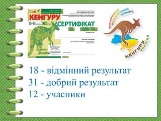 18 - відмінний результат
31 - добрий результат
12 - учасники
 