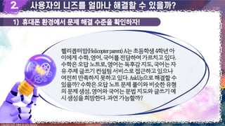 1) 휴대폰 환경에서 문제 해결 수준을 확인하자!
4
Copyright 2023. 최병호 all rights reserved.
2/29
헬리콥터맘(Helicopterparent)A는초등학생4학년아
이에게수학,영어,국어를전담하여가르치고있다.
수학은오답노트로,영어는독후감지도,국어는자
유주제글쓰기컨설팅서비스로접근하고있으나
여전히만족하지못하고있다.AskUp으로해결할수
있을까?수학은오답노트문제풀이와비슷한유형
의문제생성,영어와국어는문법지도와글쓰기예
시생성을희망한다.과연가능할까?
 