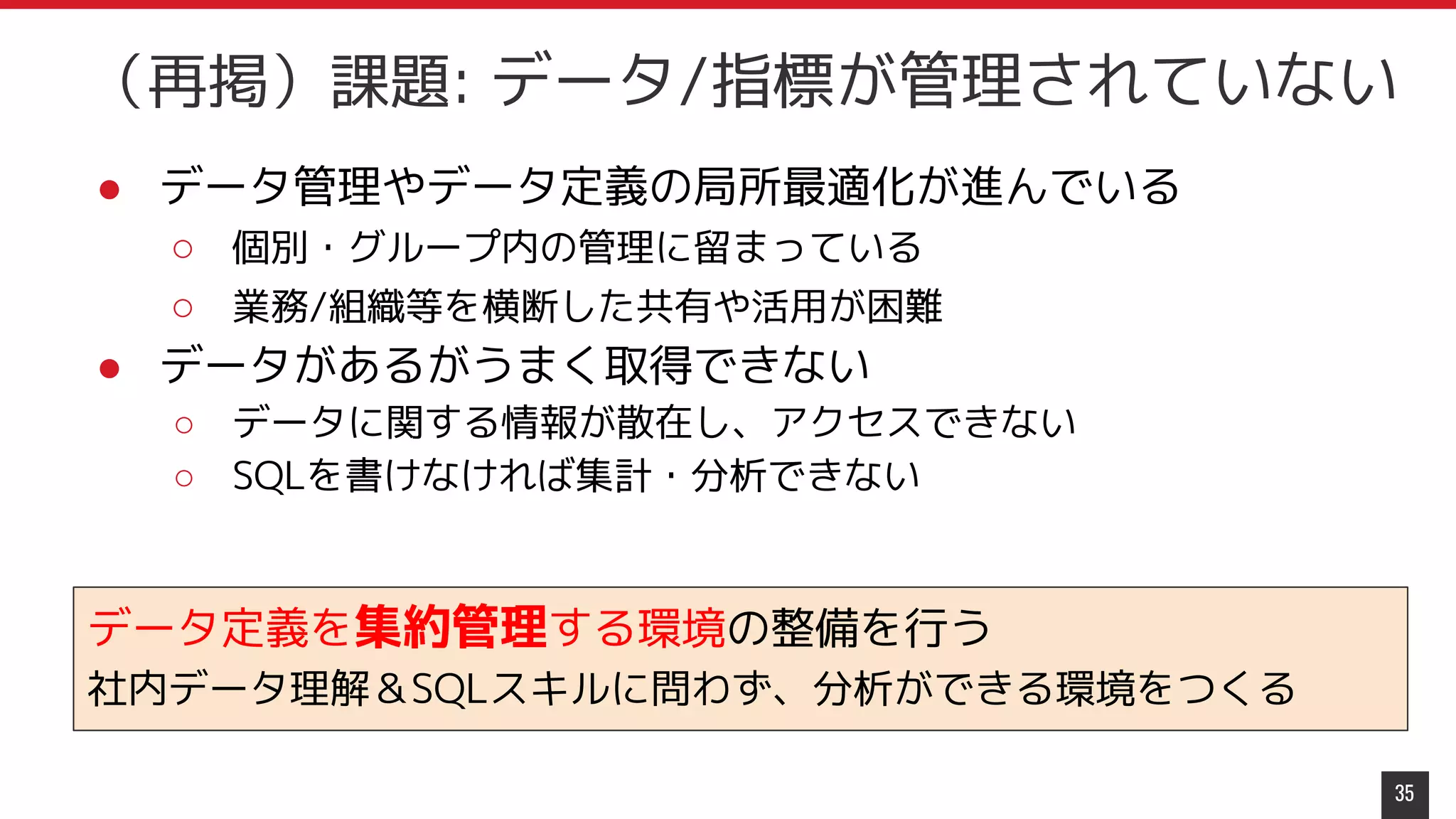 ● データ管理やデータ定義の局所最適化が進んでいる
○ 個別・グループ内の管理に留まっている
○ 業務/組織等を横断した共有や活用が困難
● データがあるがうまく取得できない
○ データに関する情報が散在し、アクセスできない
○ SQLを書けなければ集計・分析できない
35
（再掲）課題: データ/指標が管理されていない
データ定義を集約管理する環境の整備を行う
社内データ理解＆SQLスキルに問わず、分析ができる環境をつくる
 
