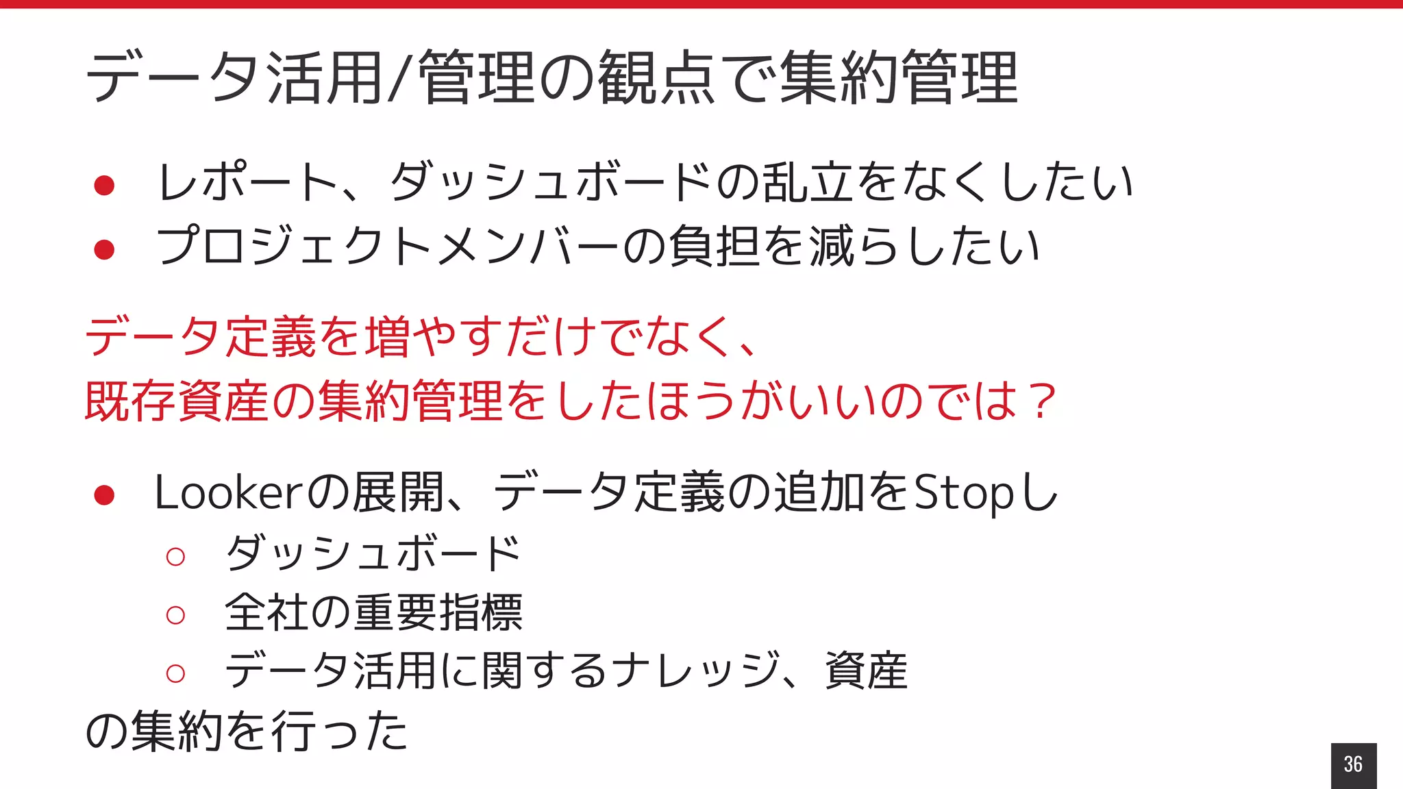 ● レポート、ダッシュボードの乱立をなくしたい
● プロジェクトメンバーの負担を減らしたい
データ定義を増やすだけでなく、
既存資産の集約管理をしたほうがいいのでは？
● Lookerの展開、データ定義の追加をStopし
○ ダッシュボード
○ 全社の重要指標
○ データ活用に関するナレッジ、資産
の集約を行った
36
データ活用/管理の観点で集約管理
 