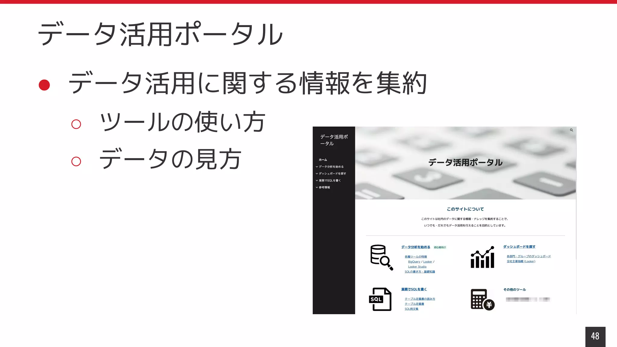 ● データ活用に関する情報を集約
○ ツールの使い方
○ データの見方
48
データ活用ポータル
 