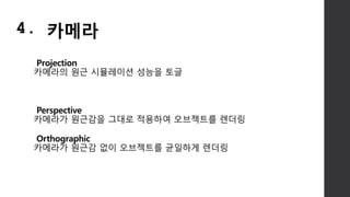 Projection
카메라의 원근 시뮬레이션 성능을 토글
Perspective
카메라가 원근감을 그대로 적용하여 오브젝트를 렌더링
Orthographic
카메라가 원근감 없이 오브젝트를 균일하게 렌더링
4. 카메라
 