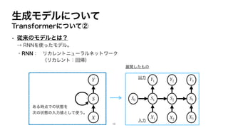 生成モデルについて
Transformerについて②
• 従来のモデルとは？
→ RNNを使ったモデル。
・RNN： リカレントニューラルネットワーク
（リカレント：回帰）
ある時点での状態を
次の状態の入力値として使う。
S
X
Y
S0 S1 S2 S3
X1 X2
X3
Y1 Y2 Y3
展開したもの
出力
入力
10
 