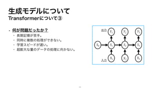 生成モデルについて
Transformerについて③
• 何が問題だったか？
・ 長期記憶が苦手。
・ 同時に複数の処理ができない。
・ 学習スピードが遅い。
・ 超膨大な量のデータの処理に向かない。
S0 S1 S2 S3
X1 X2
X3
Y1 Y2 Y3
出力
入力
11
 