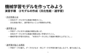 機械学習モデルを作ってみよう
演習手順 ③モデルの作成（汎化性能・過学習）
・汎化性能とは
→ 未知のデータに対する推論の精度のこと。
汎化性能が高く、過学習がないことが理想的な学習。
・過学習とは
→ 学習データに対する推論の精度は高いが、
未知のデータに対する推論の精度は低い学習を行うこと。
→ 機械学習の学習の目的は、「未知のデータに対して推論の精度を上げること。」
・過学習が起こる原因
→ 学習データの偏り。データの少なさ・同じデータの学習の繰り返しなどで、偏りは起こる。
71
 