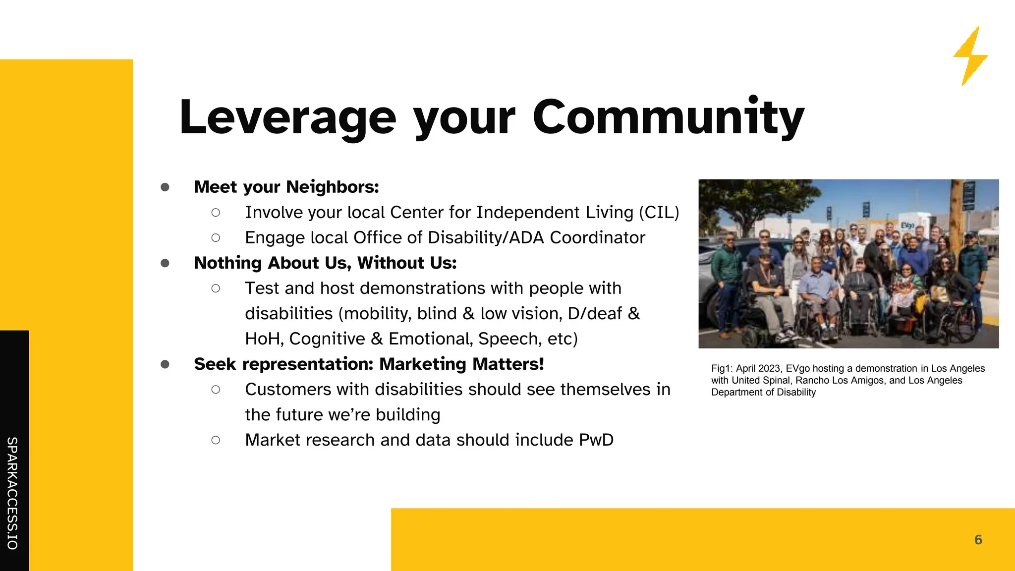 SPARKACCESS.IO
Leverage your Community
● Meet your Neighbors:
○ Involve your local Center for Independent Living (CIL)
○ Engage local Office of Disability/ADA Coordinator
● Nothing About Us, Without Us:
○ Test and host demonstrations with people with
disabilities (mobility, blind & low vision, D/deaf &
HoH, Cognitive & Emotional, Speech, etc)
● Seek representation: Marketing Matters!
○ Customers with disabilities should see themselves in
the future we’re building
○ Market research and data should include PwD
Fig1: April 2023, EVgo hosting a demonstration in Los Angeles
with United Spinal, Rancho Los Amigos, and Los Angeles
Department of Disability
6
 