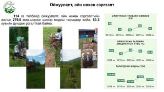 Ойжуулалт, ойн нөхөн сэргээлт
114 га талбайд ойжуулалт, ойн нөхөн сэргээлтийн
ажлыг 279.0 мян.ширхэг шинэс модны тарьцаар хийж, 83.3
хувийн дундаж ургалттай байна. 40
14 12
30
18
2018 он 2019 он 2020 он 2021 он 2022 он
ОЙЖУУЛСАН ТАЛБАЙН ХЭМЖЭЭ
/ГА/
86.5
75
89
85
80.8
2018 он 2019 он 2020 он 2021 он 2022 он
ОЙЖУУЛСАН ТАЛБАЙН
АМЬДРАЛТЫН ХУВЬ /%/
100,000
35,000
24,000
75,000
45,000
2018 он 2019 он 2020 он 2021 он 2022 он
ТАРИГДСАН МОДНЫ ТОО
 