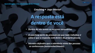 • Dentro de nós temos os recursos necessários.
• O coaching parte do pressuposto que todo indivíduo é
sábio e que a resposta está dentro da própria pessoa.
• Sócrates defendia que a sabedoria vinha das pessoas
se conhecerem (autoconhecimento).
Aprendizagem e Desenvolvimento de Pessoas
A resposta está
dentro de você
Coaching • Jogo interior
 