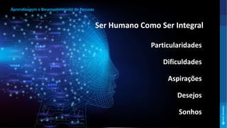 Aprendizagem e Desenvolvimento de Pessoas
Particularidades
Dificuldades
Aspirações
Desejos
Sonhos
Ser Humano Como Ser Integral
 