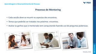 • Cada sessão deve-se resumir os aspectos dos encontros.
• Temas que poderão ser tratados nos próximos encontros.
• Avaliar os ganhos que o mentorado vem conquistando fazendo uso de perguntas poderosas.
Aprendizagem e Desenvolvimento de Pessoas
Processo de Mentoring
(Oswaldo, 2016)
 