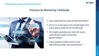 Aprendizagem e Desenvolvimento de Pessoas
Processo de Mentoring • Avaliação
 Suas expectativas estão sendo atendidas?
 Como se sente agora em comparação com
outra época anterior ao mentoring?
 Os insights gerados por meio de nossa
convivência então sendo bem
aproveitados?
 O que podemos fazer tornar essa
experiência ainda mais proveitosa?
 