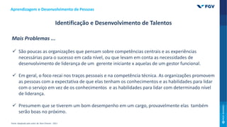 Aprendizagem e Desenvolvimento de Pessoas
Fonte: Adaptado pelo autor de: Ram Charam - 2011
Identificação e Desenvolvimento de Talentos
 São poucas as organizações que pensam sobre competências centrais e as experiências
necessárias para o sucesso em cada nível, ou que levam em conta as necessidades de
desenvolvimento de liderança de um gerente iniciante x aquelas de um gestor funcional.
 Em geral, o foco recai nos traços pessoais e na competência técnica. As organizações promovem
as pessoas com a expectativa de que elas tenham os conhecimentos e as habilidades para lidar
com o serviço em vez de os conhecimentos e as habilidades para lidar com determinado nível
de liderança.
 Presumem que se tiverem um bom desempenho em um cargo, provavelmente elas também
serão boas no próximo.
Mais Problemas ...
 