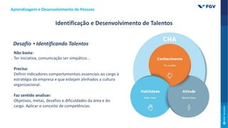 Não basta:
Ter iniciativa, comunicação ser simpático...
Precisa:
Definir indicadores comportamentais essenciais ao cargo à
estratégia da empresa e que estejam alinhados a cultura
organizacional.
Faz sentido analisar:
Objetivos, metas, desafios e dificuldades da área e do
cargo. Aplicar o conceito de competências.
Aprendizagem e Desenvolvimento de Pessoas
Desafio • Identificando Talentos
Identificação e Desenvolvimento de Talentos
 
