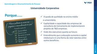  A queda de qualidade no ensino médio
e universitário.
 Capilaridade e capacidade das empresas de
consultoria de treinamento de implementarem
projetos de T&D empresas.
 Visão dos executivos quanto ao futuro.
 Entendimento que a educação aumenta o capital
intelectual e é uma forma de reter talentos entre
outros benefícios.
Porque.....
Universidade Corporativa
Aprendizagem e Desenvolvimento de Pessoas
 