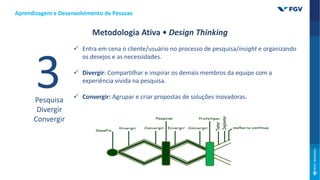 Pesquisa
Divergir
Convergir
 Entra em cena o cliente/usuário no processo de pesquisa/insight e organizando
os desejos e as necessidades.
 Divergir: Compartilhar e inspirar os demais membros da equipe com a
experiência vivida na pesquisa.
 Convergir: Agrupar e criar propostas de soluções inovadoras.
Aprendizagem e Desenvolvimento de Pessoas
Metodologia Ativa • Design Thinking
 