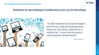 Aprendizagem e Desenvolvimento de Pessoas
Ambiente de Aprendizagem Colaborativa com uso da Tecnologia
"A rede colaborativa de aprendizagem
permite que cada participante possa
expressar suas ideias, defendê-las e
redefini-las... o que contribui para a
construção do conhecimento".
(NUNES, 2000, p.2).
 