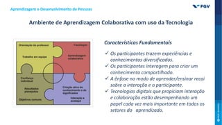 Aprendizagem e Desenvolvimento de Pessoas
Ambiente de Aprendizagem Colaborativa com uso da Tecnologia
Características Fundamentais
 Os participantes trazem experiências e
conhecimentos diversificados.
 Os participantes interagem para criar um
conhecimento compartilhado.
 A ênfase no modo de aprender/ensinar recai
sobre a interação e o participante.
 Tecnologias digitais que propiciam interação
e colaboração estão desempenhando um
papel cada vez mais importante em todos os
setores do aprendizado.
 