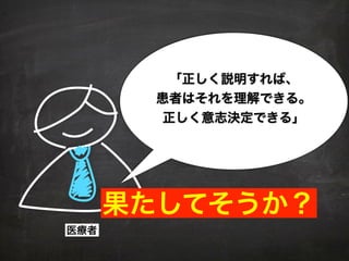 医療者
「正しく説明すれば、
患者はそれを理解できる。
正しく意志決定できる」
果たしてそうか？
 