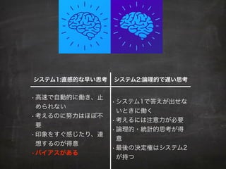 システム1:直感的な早い思考 システム2:論理的で遅い思考
• 高速で自動的に働き、止
められない
• 考えるのに努力はほぼ不
要
• 印象をすぐ感じたり、連
想するのが得意
•バイアスがある
• システム1で答えが出せな
いときに働く
• 考えるには注意力が必要
• 論理的・統計的思考が得
意
• 最後の決定権はシステム2
が持つ
 