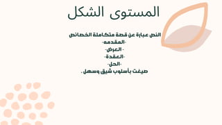 ‫الشكل‬ ‫المستوى‬
‫الخصائص‬ ‫متكاملة‬ ‫قصة‬ ‫عن‬ ‫عبارة‬ ‫النص‬
-‫المقدمه‬-
-‫العرض‬ -
-‫العقدة‬-
-‫الحل‬-
. ‫وسهل‬ ‫شيق‬ ‫بأسلوب‬ ‫صيغت‬
 