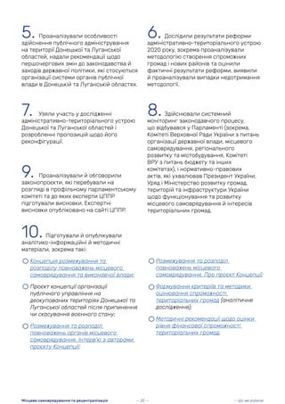 8. Здійснювали системний
моніторинг законодавчого процесу,
що відбувався у Парламенті (зокрема,
Комітеті Верховної Ради України з питань
організації державної влади, місцевого
самоврядування, регіонального
розвитку та містобудування, Комітеті
ВРУ з питань бюджету та інших
комітетах), і нормативно-правових
актів, які ухвалював Президент України,
Уряд і Міністерство розвитку громад,
територій та інфраструктури України
щодо функціонування та розвитку
місцевого самоврядування й інтересів
територіальних громад.
• Розмежування та розподіл
повноважень місцевого
самоврядування. Про проєкт Концепції;
• Формування критеріїв та методики
оцінювання спроможності
територіальних громад (аналітичне
дослідження);
• Методичні рекомендації щодо оцінки
рівня фінансової спроможності
територіальних громад.
9. Проаналізували й обговорили
законопроєкти, які перебували на
розгляді в профільному парламентському
комітеті та до яких експерти ЦППР
підготували висновки. Експертні
висновки опубліковано на сайті ЦППР.
10. Підготували й опублікували
аналітико-інформаційні й методичні
матеріали, зокрема такі:
• Концепція розмежування та
розподілу повноважень місцевого
самоврядування та виконавчої влади;
• Проєкт концепції організації
публічного управління на
деокупованих територіях Донецької та
Луганської областей після припинення
чи скасування воєнного стану;
• Розмежування та розподіл
повноважень органів місцевого
самоврядування. Інтерв’ю з авторами
проєкту Концепції;
5. Проаналізували особливості
здійснення публічного адміністрування
на території Донецької та Луганської
областей, надали рекомендації щодо
першочергових змін до законодавства й
заходів державної політики, які стосуються
організації системи органів публічної
влади в Донецькій та Луганській областях.
6. Дослідили результати реформи
адміністративно-територіального устрою
2020 року, зокрема проаналізували
методологію створення спроможних
громад і нових районів та оцінили
фактичні результати реформи, виявили
й проаналізували випадки недотримання
методології.
7. Узяли участь у дослідженні
адміністративно-територіального устрою
Донецької та Луганської областей і
розробленні пропозицій щодо його
реконфігурації.
— Що ми робили
Місцеве самоврядування та децентралізація — 25 —
 
