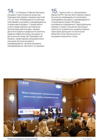 14. У співпраці з Офісом Конгресу
місцевих та регіональних влад при
Президентові України провели круглий
стіл на тему «Розмежування й розподіл
повноважень місцевого самоврядування
та виконавчої влади». У заході взяли
участь представники центральних
органів виконавчої влади, народні
депутати України профільного комітету,
керівник Офісу Конгресу місцевих та
регіональних влад при Президентові
України, представники всеукраїнських
асоціацій органів місцевого
самоврядування, органів місцевого
самоврядування, експерти та науковці.
— Що ми робили
Місцеве самоврядування та децентралізація — 27 —
15. Узяли участь у підсумковому
Форумі ЦППР, під час якого презентували
Концепцію розмежування й розподілу
повноважень місцевого самоврядування
та виконавчої влади, Методику
оцінювання спроможності територіальних
громад та проєкт Концепції організації
публічного управління на деокупованих
територіях Донецької та Луганської
областей після припинення чи
скасування воєнного стану.
 