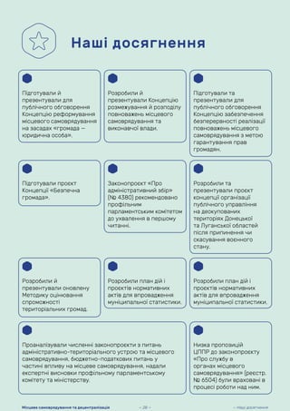 Наші досягнення
Підготували й
презентували для
публічного обговорення
Концепцію реформування
місцевого самоврядування
на засадах «громада —
юридична особа».
Розробили й
презентували Концепцію
розмежування й розподілу
повноважень місцевого
самоврядування та
виконавчої влади.
Підготували проєкт
Концепції «Безпечна
громада».
Розробили й
презентували оновлену
Методику оцінювання
спроможності
територіальних громад.
Проаналізували численні законопроєкти з питань
адміністративно-територіального устрою та місцевого
самоврядування, бюджетно-податкових питань у
частині впливу на місцеве самоврядування, надали
експертні висновки профільному парламентському
комітету та міністерству.
Розробили план дій і
проєктів нормативних
актів для впровадження
муніципальної статистики.
Розробили план дій і
проєктів нормативних
актів для впровадження
муніципальної статистики.
Низка пропозицій
ЦППР до законопроєкту
«Про службу в
органах місцевого
самоврядування» (реєстр.
№ 6504) були враховані в
процесі роботи над ним.
Законопроєкт «Про
адміністративний збір»
(№ 4380) рекомендовано
профільним
парламентським комітетом
до ухвалення в першому
читанні.
Підготували та
презентували для
публічного обговорення
Концепцію забезпечення
безперервності реалізації
повноважень місцевого
самоврядування з метою
гарантування прав
громадян.
Розробили та
презентували проєкт
концепції організації
публічного управління
на деокупованих
територіях Донецької
та Луганської областей
після припинення чи
скасування воєнного
стану.
— Наші досягнення
Місцеве самоврядування та децентралізація — 28 —
 