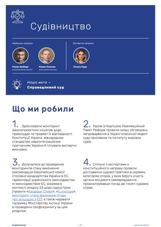 1. Здійснювали моніторинг
законопроєктних ініціатив щодо
правосуддя на предмет їх відповідності
Конституції України, міжнародним
стандартам, євроінтеграційним
прагненням України й готували експертні
висновки.
Що ми робили
Судівництво
2. Разом із Коаліцією Реанімаційний
Пакет Реформ провели низку обговорень
запровадження в Україні класичної моделі
суду присяжних та інституту мирових
судів.
Наша мета —
Справедливий суд
Роман Куйбіда
мобілізований до лав ЗСУ виконуючий обов’язки
— 31 — — Що ми робили
Судівництво
3. Долучалися до проведення
моніторингів стану виконання
рекомендацій Європейської комісії
стосовно кандидатства України в ЄС,
гармонізації українського законодавства
із законодавством ЄС, зокрема в
контексті розділу 23 щодо судоустрою
(проєкти «Кандидат Check», «Euroscope»,
моніторинг стану виконання Угоди
про асоціацію з ЄС), а також надавали
підтримку Міністерству юстиції України
в проведенні селфскринінгу за цим
розділом.
4. Спільно з експертами з
конституційного напряму провели
дослідження судової практики в окремих
категоріях спорів, у яких беруть участь
органи місцевого самоврядування,
проаналізувавши понад дві тисячі судових
справ.
Керівники напряму: Експертка напряму:
Роман Смалюк Тетяна Руда
 