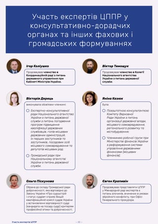 Участь експертів ЦППР у
консультативно-дорадчих
органах та інших фахових і
громадських формуваннях
Ігор Коліушко
Продовжував членство в
Координаційній раді з питань
державного управління при
Кабінеті Міністрів України.
Ольга Піскунова
Обрана до складу Громадської ради
доброчесності, яка відповідно до
Закону України «Про судоустрій
і статус суддів» сприяє Вищій
кваліфікаційній комісії суддів України
у встановленні відповідності судді
(кандидата на посаду судді) критеріям
професійної етики та доброчесності.
Євген Крапивін
Продовжував представляти ЦППР
у Міжнародній раді експертів з
питань злочинів, вчинених в умовах
збройного конфлікту, при Офісі
Генерального прокурора.
Віктор Тимощук
Продовжував членство в Колегії
Національного агентства
України з питань державної
служби.
Вікторія Дерець
виконувала обов’язки членкині:
• Експертно-консультативної
ради Національного агентства
України з питань державної
служби з питань погодження
програм підвищення
кваліфікації державних
службовців, голів місцевих
державних адміністрацій,
їх перших заступників та
заступників, посадових осіб
місцевого самоврядування та
депутатів місцевих рад;
• Громадської ради при
Національному агентстві
України з питань державної
служби.
Яніна Казюк
Була:
• Позаштатною консультанткою
Комітету Верховної
Ради України з питань
організації державної влади,
місцевого самоврядування,
регіонального розвитку та
містобудування;
• Членкинею робочої групи при
Міністерстві фінансів України
з реформування системи
управління державними
фінансами (місцевих
фінансів).
— 55 —
Участь експертів ЦППР
 