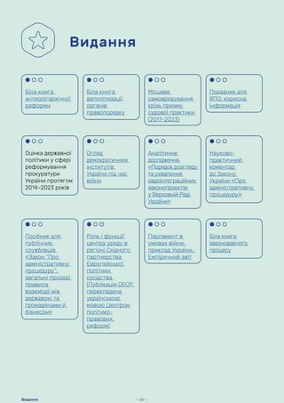 Видання
Біла книга
антиолігархічної
реформи
Біла книга
деполітизації
органів
правопорядку
Місцеве
самоврядування
крізь призму
судової практики
(2017–2023)
Оцінка державної
політики у сфері
реформування
прокуратури
України протягом
2014–2023 років
Посібник для
публічних
службовців
«Закон “Про
адміністративну
процедуру”:
загальні прозорі
правила
взаємодії між
державою та
громадянами й
бізнесом»
Порадник для
ВПО: корисна
інформація
Огляд
демократичних
інститутів
України під час
війни
Аналітичне
дослідження
«Порядок розгляду
та ухвалення
євроінтеграційних
законопроєктів
у Верховній Раді
України»
Біла книга
законодавчого
процесу
Науково-
практичний
коментар
до Закону
України «Про
адміністративну
процедуру»
Парламент в
умовах війни:
приклад України.
Емпіричний звіт
Роль і функції
центру уряду в
регіоні Східного
партнерства
Європейської
політики
сусідства
(Публікація ОЕСР,
перекладена
українською
мовою Центром
політико-
правових
реформ)
— 56 —
Видання
 