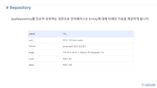 # Repository
JpaRepository를 단순히 상속하는 것만으로 인터페이스는 Entity에 대해 아래의 기능을 제공하게 됩니다.
 