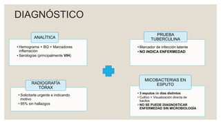 • 3 esputos de días distintos
• Cultivo + Visualización directa de
bacilos
• NO SE PUEDE DIAGNOSTICAR
ENFERMEDAD SIN MICROBIOLOGÍA
• Marcador de infección latente
• NO INDICA ENFERMEDAD
• Solicitarla urgente e indicando
motivo
• 95% sin hallazgos
• Hemograma + BQ + Marcadores
inflamación
• Serologías (principalmente VIH)
DIAGNÓSTICO
ANALÍTICA
RADIOGRAFÍA
TÓRAX
MICOBACTERIAS EN
ESPUTO
PRUEBA
TUBERCULINA
 