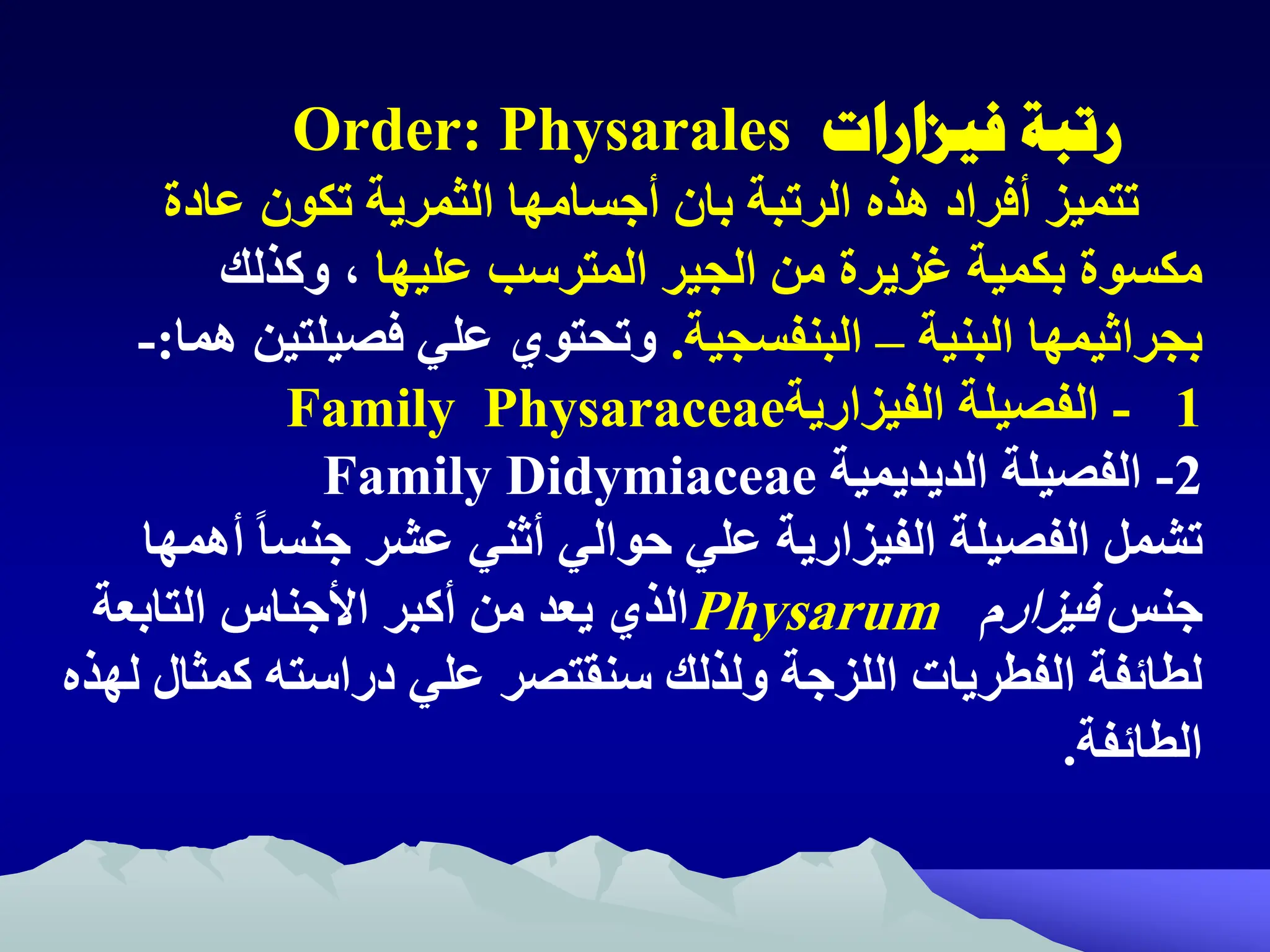 ‫رتبة‬
‫فيزارات‬
Order: Physarales
‫عادة‬ ‫تكون‬ ‫الثمرية‬ ‫أجسامها‬ ‫بان‬ ‫الرتبة‬ ‫هذ‬ ‫أفراد‬ ‫تتميز‬
‫عليها‬ ‫المترسب‬ ‫الجير‬ ‫من‬ ‫غزيرة‬ ‫بكمية‬ ‫مكسوة‬
‫وكذلك‬ ‫ه‬
‫البنية‬ ‫بجراثيمها‬
–
‫البنفسجية‬
.
‫فصيلتي‬ ‫علي‬ ‫وتحتوي‬
‫هما‬ ‫ن‬
:
-
1
-
‫الفصيلة‬
‫الفيزارية‬
Physaraceae
Family
2
-
‫الفصيلة‬
‫الديديمية‬
Family Didymiaceae
‫الفصيلة‬ ‫تشمل‬
‫الفيزارية‬
‫أ‬ ً‫ا‬‫جنس‬ ‫عشر‬ ‫أثني‬ ‫حوالي‬ ‫علي‬
‫همها‬
‫جنظ‬
‫فيزارم‬
Physarum
‫التابعة‬ ‫ااجنا‬ ‫أكبر‬ ‫من‬ ‫يعد‬ ‫الذي‬
‫علي‬ ‫سنقتصر‬ ‫ولذلك‬ ‫اللزجة‬ ‫الفطريات‬ ‫لطائفة‬
‫دراست‬
‫ه‬
‫كمث‬
‫ا‬
‫لهذ‬ ‫ل‬
‫الطائفة‬
.
 