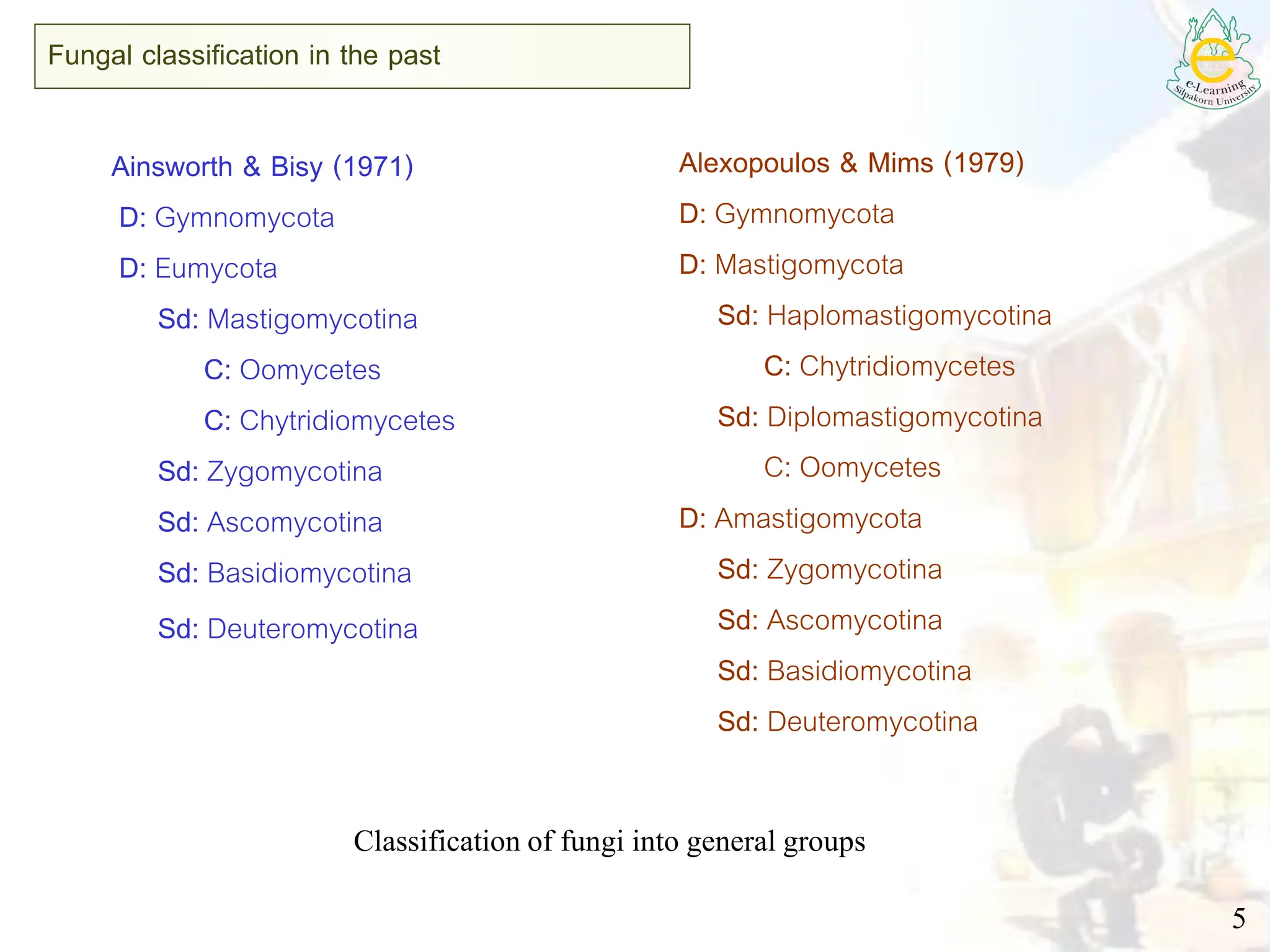 Classificationof fungi into general groups
5
Fungal classification in the past
Ainsworth & Bisy (1971)
D: Gymnomycota
D: Eumycota
Sd: Mastigomycotina
C: Oomycetes
C: Chytridiomycetes
Sd: Zygomycotina
Sd: Ascomycotina
Sd: Basidiomycotina
Sd: Deuteromycotina
Alexopoulos & Mims (1979)
D: Gymnomycota
D: Mastigomycota
Sd: Haplomastigomycotina
C: Chytridiomycetes
Sd: Diplomastigomycotina
C: Oomycetes
D: Amastigomycota
Sd: Zygomycotina
Sd: Ascomycotina
Sd: Basidiomycotina
Sd: Deuteromycotina
 