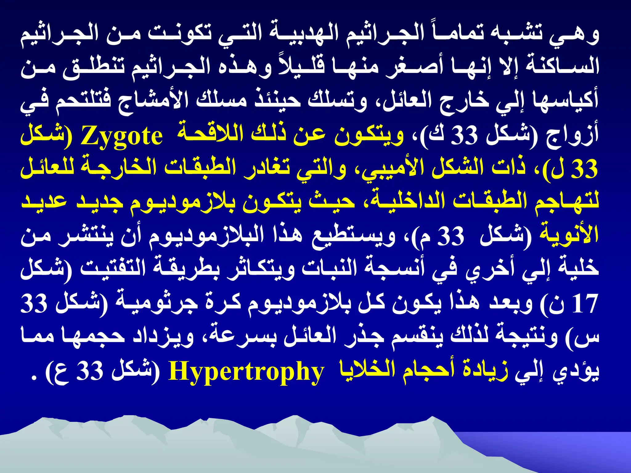 ‫تتراثي‬‫ت‬‫الج‬ ‫تتن‬‫ت‬‫م‬ ‫تتت‬‫ت‬‫تكون‬ ‫تتي‬‫ت‬‫الت‬ ‫تتة‬‫ت‬‫الهدبي‬ ‫تتراثيم‬‫ت‬‫الج‬ ً‫ا‬‫تت‬‫ت‬‫تمام‬ ‫تتبه‬‫ت‬‫تش‬ ‫تتي‬‫ت‬‫وه‬
‫م‬
‫تتن‬‫ت‬‫م‬ ‫تتق‬‫ت‬‫تنطل‬ ‫تتراثيم‬‫ت‬‫الج‬ ‫تتذ‬‫ت‬‫وه‬ ً‫ال‬‫تتي‬‫ت‬‫قل‬ ‫تتا‬‫ت‬‫منه‬ ‫تتغر‬‫ت‬‫أص‬ ‫تتا‬‫ت‬‫إنه‬ ‫إال‬ ‫تتاكنة‬‫ت‬‫الس‬
‫فت‬ ‫اامشاج‬ ‫مسلك‬ ‫حينئذ‬ ‫وتسلك‬ ‫العائله‬ ‫خارج‬ ‫إلي‬ ‫أكياسها‬
‫فتي‬ ‫لتحم‬
‫أزواج‬
(
‫تكل‬‫ت‬‫ش‬
33
‫ك‬
)
‫ه‬
‫تة‬‫ت‬‫الالقح‬ ‫تك‬‫ت‬‫ذل‬ ‫تن‬‫ت‬‫ع‬ ‫تون‬‫ت‬‫ويتك‬
Zygote
(
‫تكل‬‫ت‬‫ش‬
33
‫ل‬
)
‫لل‬ ‫الخارجتة‬ ‫الطبقتات‬ ‫تغادر‬ ‫والتي‬ ‫ااميبيه‬ ‫الشكل‬ ‫ذات‬ ‫ه‬
‫عائتل‬
‫ت‬‫ت‬‫عدي‬ ‫تد‬‫ت‬‫جدي‬ ‫توم‬‫ت‬‫بالزمودي‬ ‫تون‬‫ت‬‫يتك‬ ‫تث‬‫ت‬‫حي‬ ‫تةه‬‫ت‬‫الداخلي‬ ‫تات‬‫ت‬‫الطبق‬ ‫تاجم‬‫ت‬‫لته‬
‫د‬
‫اانوية‬
(
‫شتكل‬
33
‫م‬
)
‫متن‬ ‫ينتشتر‬ ‫أن‬ ‫البالزموديتوم‬ ‫هتذا‬ ‫ويستتطيع‬ ‫ه‬
‫التفت‬ ‫بطريقتة‬ ‫ويتكتاثر‬ ‫النبتات‬ ‫أنستجة‬ ‫في‬ ‫أخري‬ ‫إلي‬ ‫خلية‬
‫يتت‬
(
‫شتكل‬
17
‫ن‬
)
‫تة‬‫ت‬‫جرثومي‬ ‫ترة‬‫ت‬‫ك‬ ‫توم‬‫ت‬‫بالزمودي‬ ‫تل‬‫ت‬‫ك‬ ‫تون‬‫ت‬‫يك‬ ‫تذا‬‫ت‬‫ه‬ ‫تد‬‫ت‬‫وبع‬
(
‫تكل‬‫ت‬‫ش‬
33
)
‫لذلك‬ ‫ونتيجة‬
‫ي‬
‫م‬ ‫حجمهتا‬ ‫ويتزداد‬ ‫بسترعةه‬ ‫العائتل‬ ‫جتذر‬ ‫نقسم‬
‫متا‬
‫إلي‬ ‫يؤدي‬
‫زيادة‬
‫الخاليا‬ ‫أحجام‬
Hypertrophy
(
‫شكل‬
33
‫م‬
. )
 