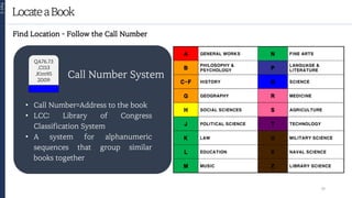 LocateaBook
Part
2
19
Find Location - Follow the Call Number
Call Number System
• Call Number=Address to the book
• LCC: Library of Congress
Classification System
• A system for alphanumeric
sequences that group similar
books together
QA76.73
.C153
.Kim95
2009
 
