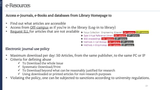 e-Resources
Part
2
20
Access e-Journals, e-Books and databases from Library Homepage to
• Find out what articles are accessible
• Access from Off-campus as if you’re in the library (Log-in to library)
• Request ILL for articles that are not available
• Maximum download per day: 50 Articles, from the same publisher, to the same PC or IP
• Criteria for defining abuse
 To Download the whole Issue
 Systematic Download/Print
 To Download beyond what can be reasonably justified for research
 Using downloaded or printed articles for non-research purposes
• Violating the policy, one can be subjected to sanctions according to university regulations.
Electronic journal use policy
 