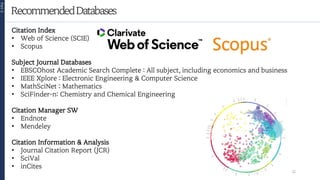 RecommendedDatabases
Part
2
21
Citation Index
• Web of Science (SCIE)
• Scopus
Subject Journal Databases
• EBSCOhost Academic Search Complete : All subject, including economics and business
• IEEE Xplore : Electronic Engineering & Computer Science
• MathSciNet : Mathematics
• SciFinder-n: Chemistry and Chemical Engineering
Citation Manager SW
• Endnote
• Mendeley
Citation Information & Analysis
• Journal Citation Report (JCR)
• SciVal
• inCites
 
