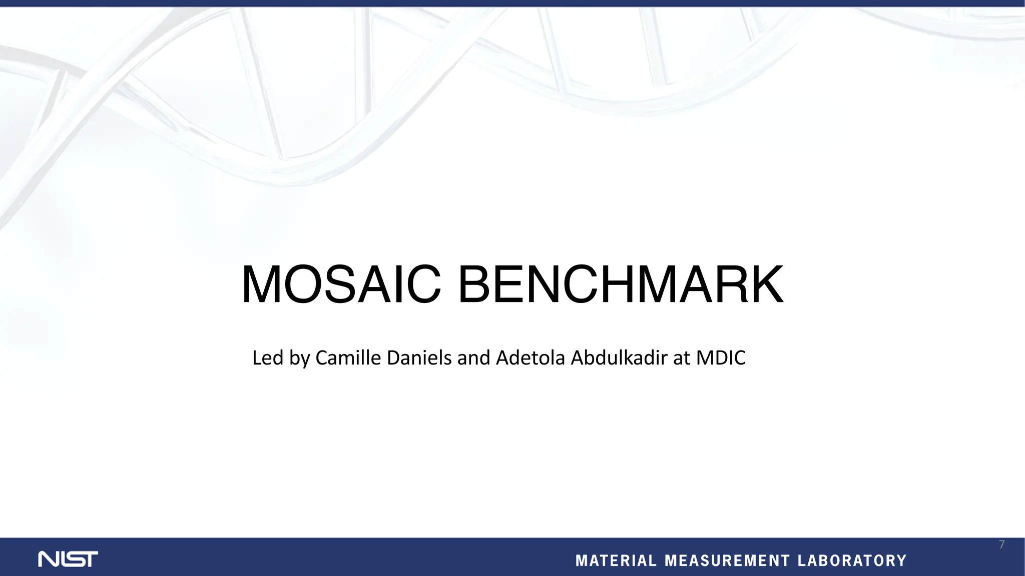 MOSAIC BENCHMARK
Led by Camille Daniels and Adetola Abdulkadir at MDIC
7
 