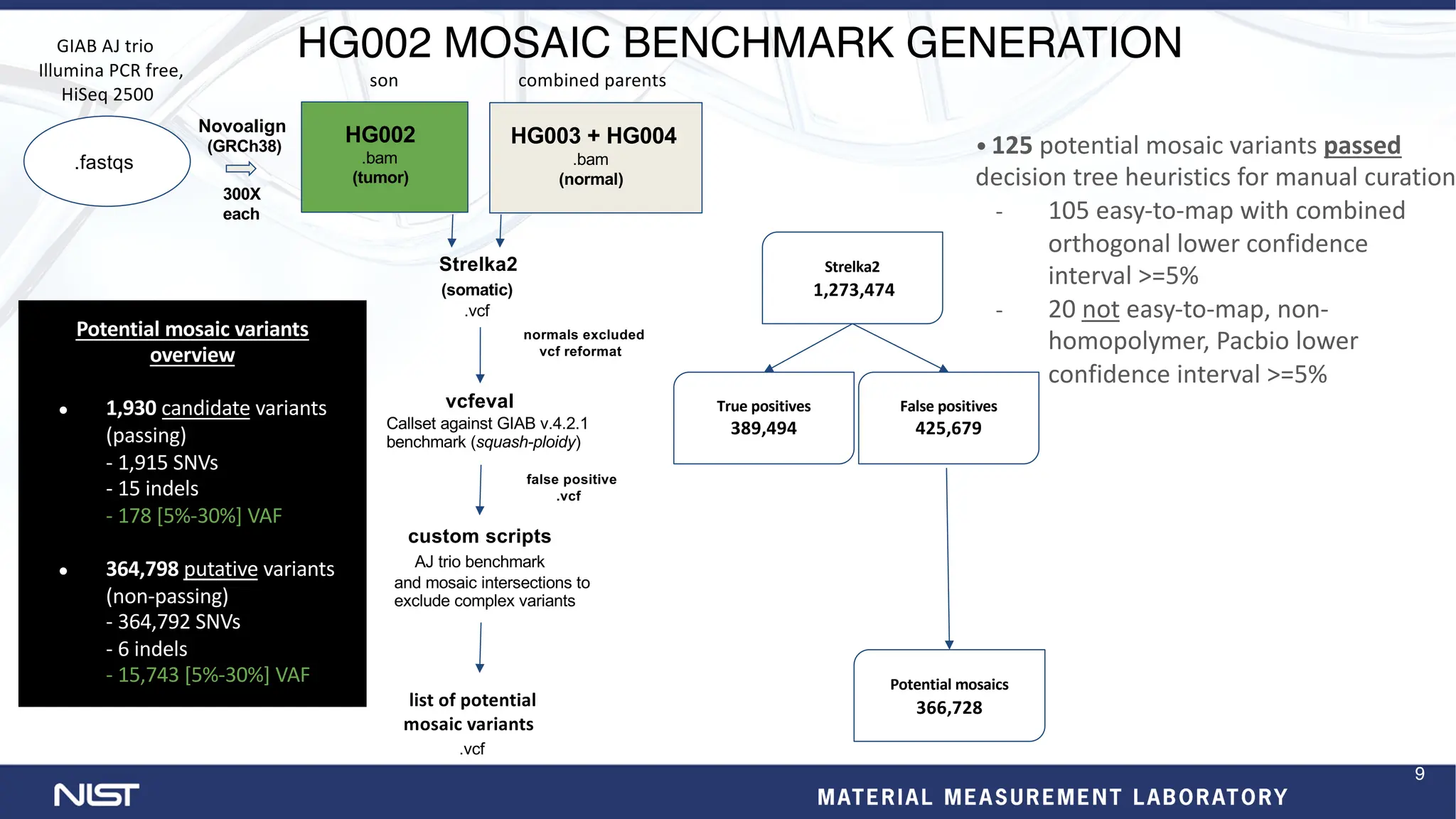 HG002 MOSAIC BENCHMARK GENERATION
HG003 + HG004
.bam
(normal)
HG002
.bam
(tumor)
custom scripts
AJ trio benchmark
and mosaic intersections to
exclude complex variants
Strelka2
(somatic)
.vcf
vcfeval
Callset against GIAB v.4.2.1
benchmark (squash-ploidy)
normals excluded
vcf reformat
false positive
.vcf
list of potential
mosaic variants
.vcf
.fastqs
Novoalign
(GRCh38)
300X
each
GIAB AJ trio
Illumina PCR free,
HiSeq 2500
son combined parents
Potential mosaics
366,728
True positives
389,494
False positives
425,679
Strelka2
1,273,474
Potential mosaic variants
overview
● 1,930 candidate variants
(passing)
- 1,915 SNVs
- 15 indels
- 178 [5%-30%] VAF
● 364,798 putative variants
(non-passing)
- 364,792 SNVs
- 6 indels
- 15,743 [5%-30%] VAF
• 125 potential mosaic variants passed
decision tree heuristics for manual curation
- 105 easy-to-map with combined
orthogonal lower confidence
interval >=5%
- 20 not easy-to-map, non-
homopolymer, Pacbio lower
confidence interval >=5%
9
 