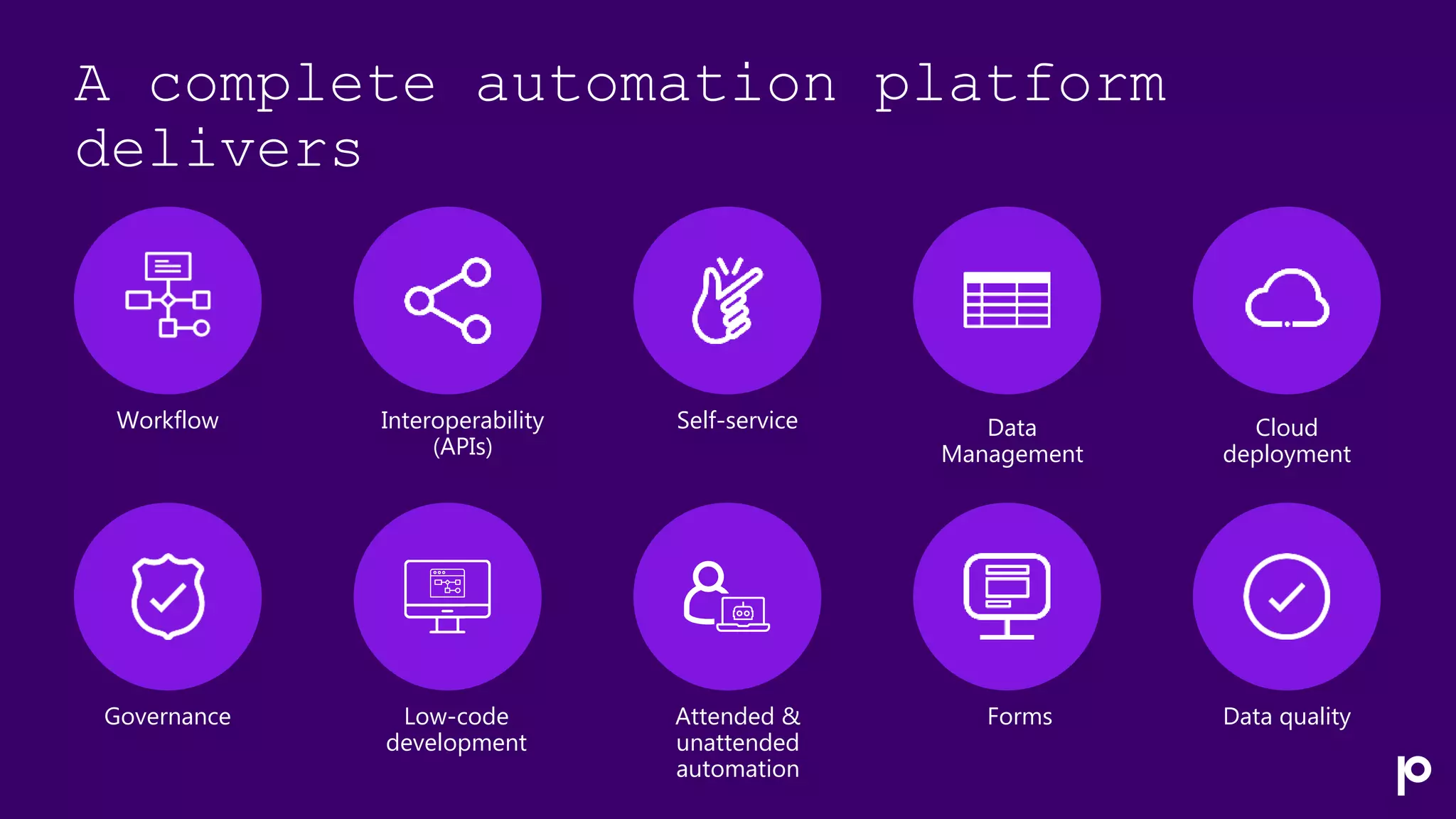 A complete automation platform
delivers
Workflow Interoperability
(APIs)
Self-service
Governance Low-code
development
Attended &
unattended
automation
Forms
Data
Management
Data quality
Cloud
deployment
 