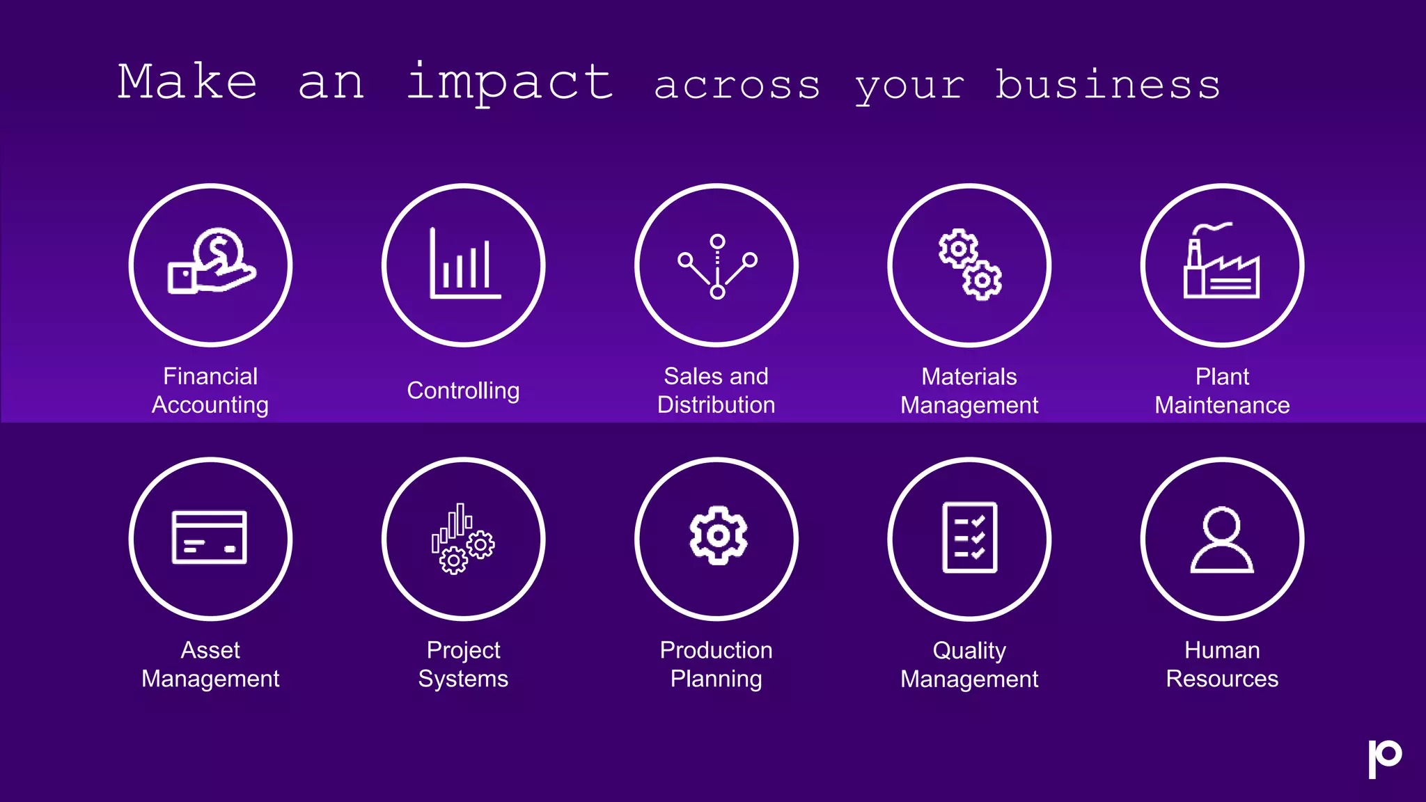 Make an impact across your business
Financial
Accounting
Controlling
Sales and
Distribution
Materials
Management
Plant
Maintenance
Asset
Management
Project
Systems
Production
Planning
Quality
Management
Human
Resources
 