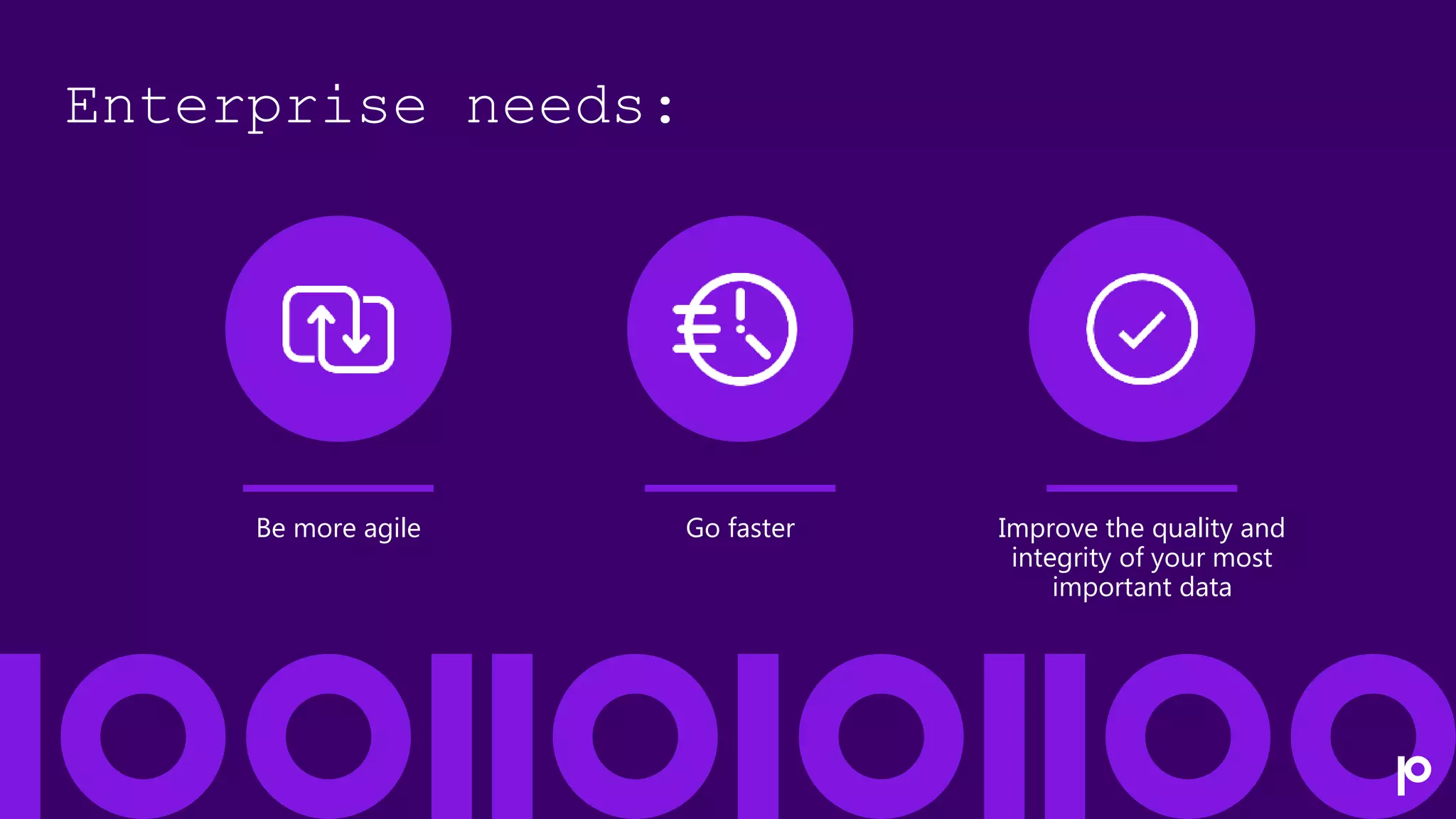 Be more agile
Enterprise needs:
Go faster Improve the quality and
integrity of your most
important data
 