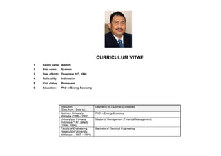 CURRICULUM VITAE
1. Family name: ABDUH
2. First name: Syamsir
3. Date of birth: December 16th
, 1968
4. Nationality: Indonesian
5. Civil status: Permanent
6. Education: PhD in Energy Economy
Institution
(Date from - Date to)
Degree(s) or Diploma(s) obtained:
Northern University
Malaysia (1998 – 2002)
PhD in Energy Economy
University of Persada
Indonesia “YAI” Jakarta
(1996– 1998)
Master of Management (Financial Management)
Faculty of Engineering,
Hasanuddin University,
Makassar. (1987 – 1991)
Bachelor of Electrical Engineering
 