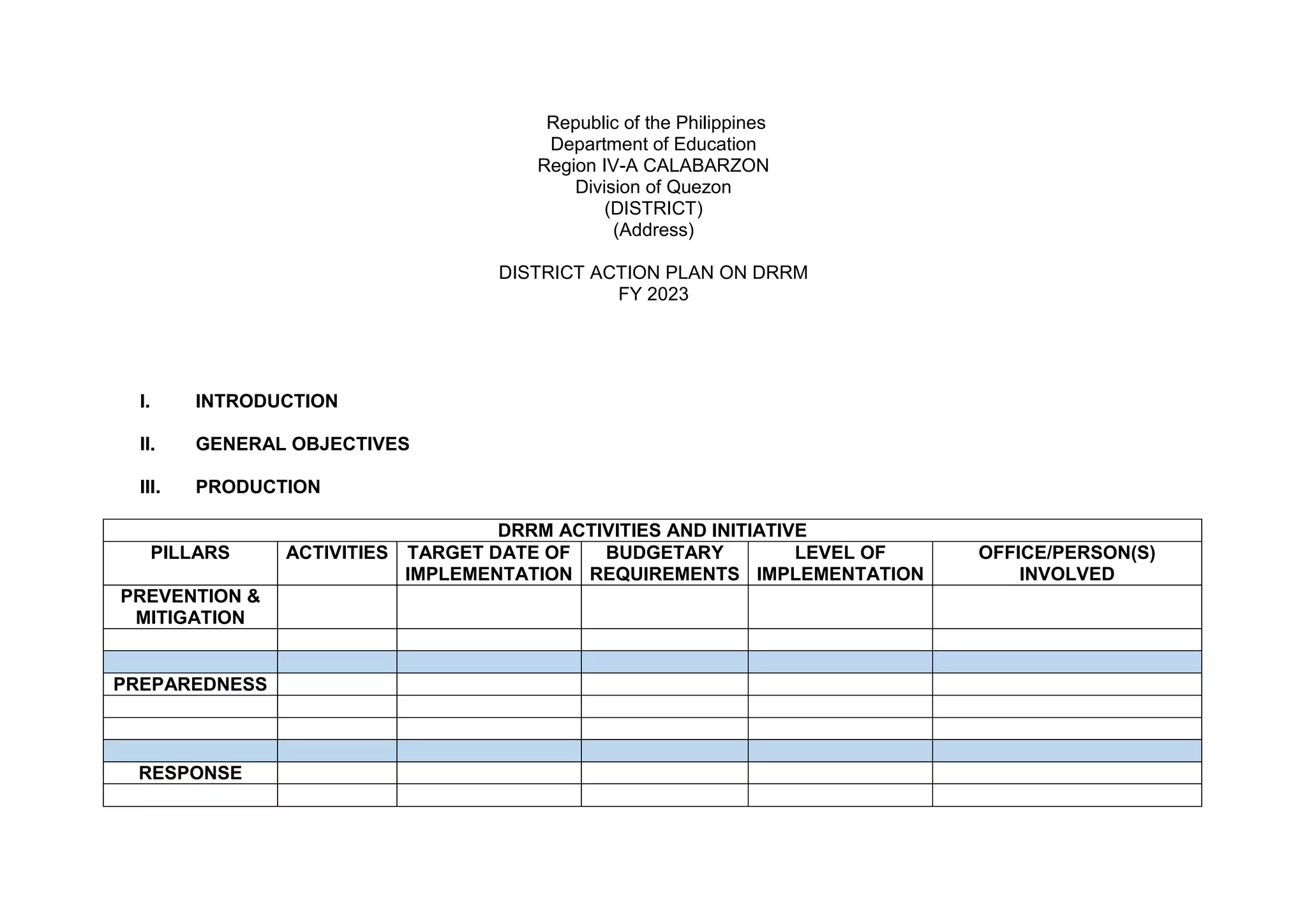 Republic of the Philippines
Department of Education
Region IV-A CALABARZON
Division of Quezon
(DISTRICT)
(Address)
DISTRICT ACTION PLAN ON DRRM
FY 2023
I. INTRODUCTION
II. GENERAL OBJECTIVES
III. PRODUCTION
DRRM ACTIVITIES AND INITIATIVE
PILLARS ACTIVITIES TARGET DATE OF
IMPLEMENTATION
BUDGETARY
REQUIREMENTS
LEVEL OF
IMPLEMENTATION
OFFICE/PERSON(S)
INVOLVED
PREVENTION &
MITIGATION
PREPAREDNESS
RESPONSE